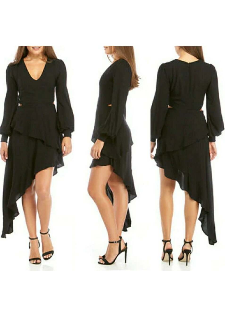 Rampage Black Long Sleeve Cutout Asymmetrical Tiered Ruffle Midi Dress